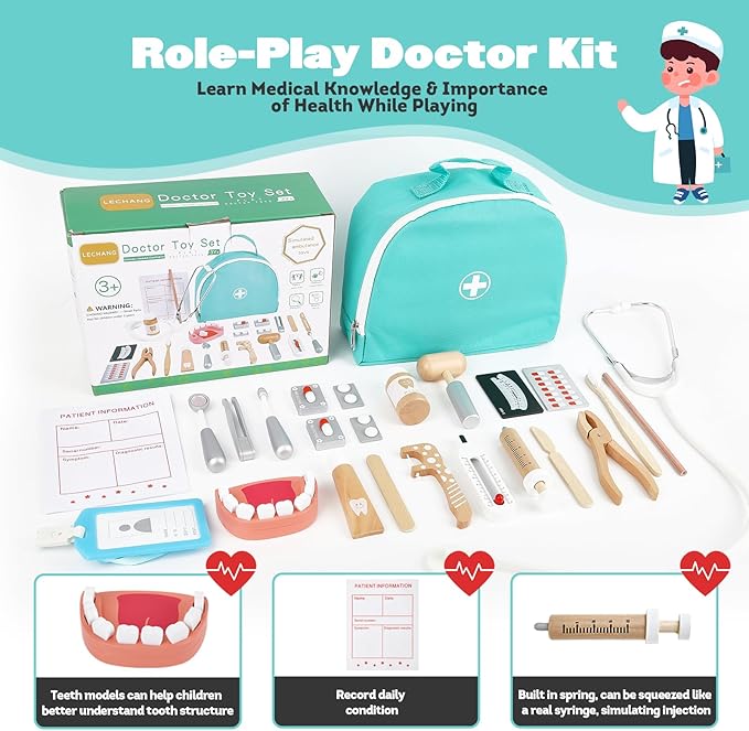 Doctor Kit for Kids, Dentist Pretend Play Educational Doctor Toy Set, 25Pcs Wooden Medical Kit with Stethoscope & Bag & Pretend Teeth & Doctor Toys, Role Play Toys for Girls and Boys 3-8 Years Old
