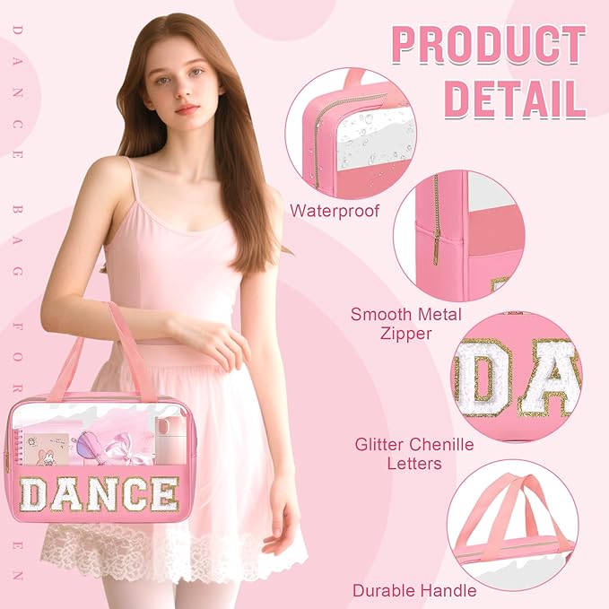 Dance Bag for Girls Chenille Letter Clear Makeup DANCE Stuff Shoe Bag,Toddler Dance Recital Gifts Ballet Cosmetic Zipper with Handle,Dance Competition Accessories Toiletry Storage Women(DANCE-Pink)