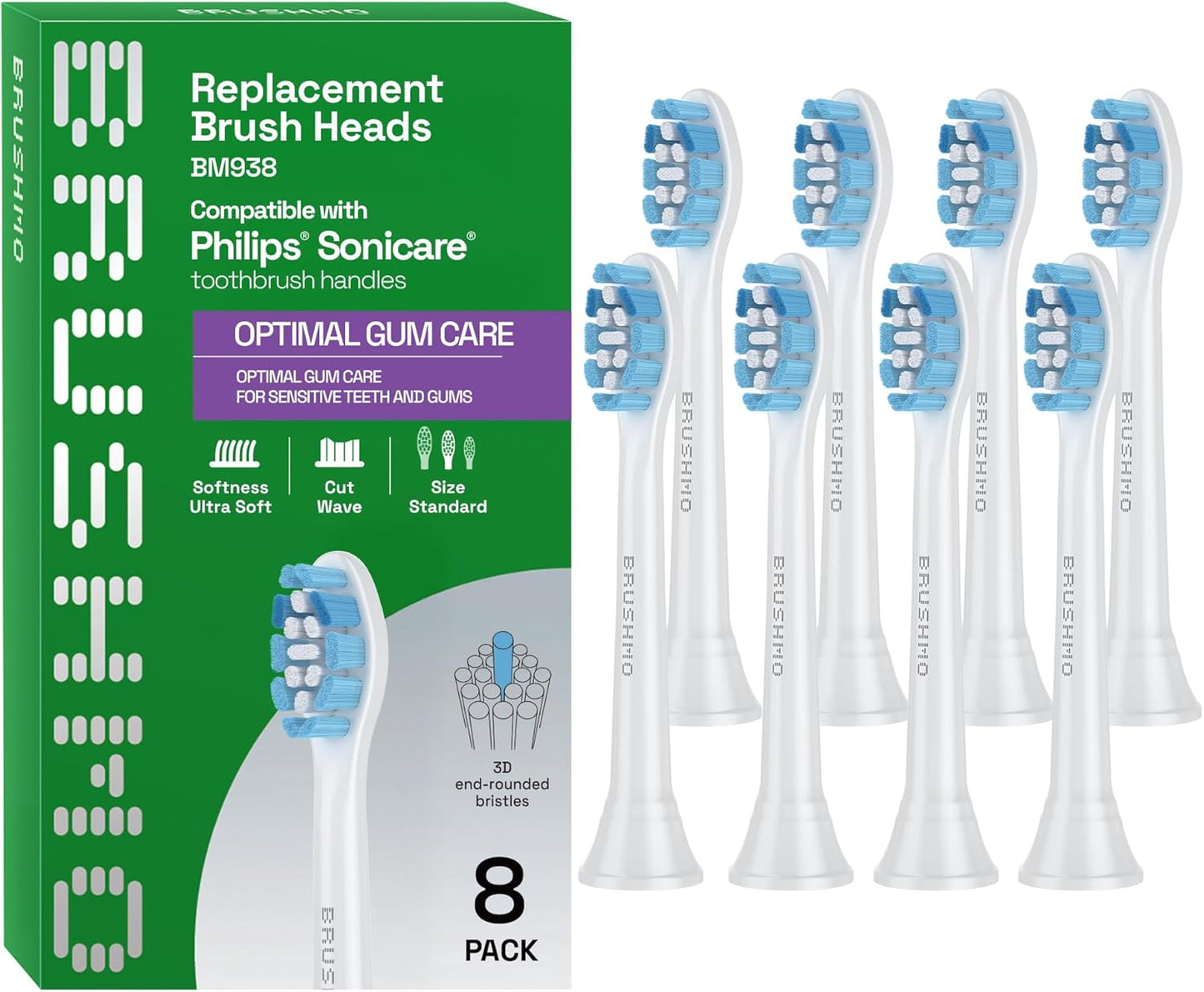 Brushmo Optimal Gum Care Replacement Toothbrush Heads, Compatible with Philips Sonicare Click-on Electric Toothbrush Handles, 8 Standard Replacement Heads, Ultra Soft Dupont Bristles, BM938, White