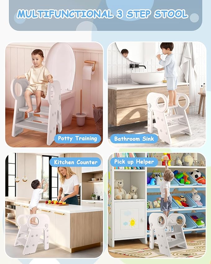Foldable Step Stool for Toddlers, Adjustable 3 Step Stool for Bathroom Sink, Toilet Potty Training Stool with Handles, Child Kitchen Counter Bedroom Bed Stool Helper