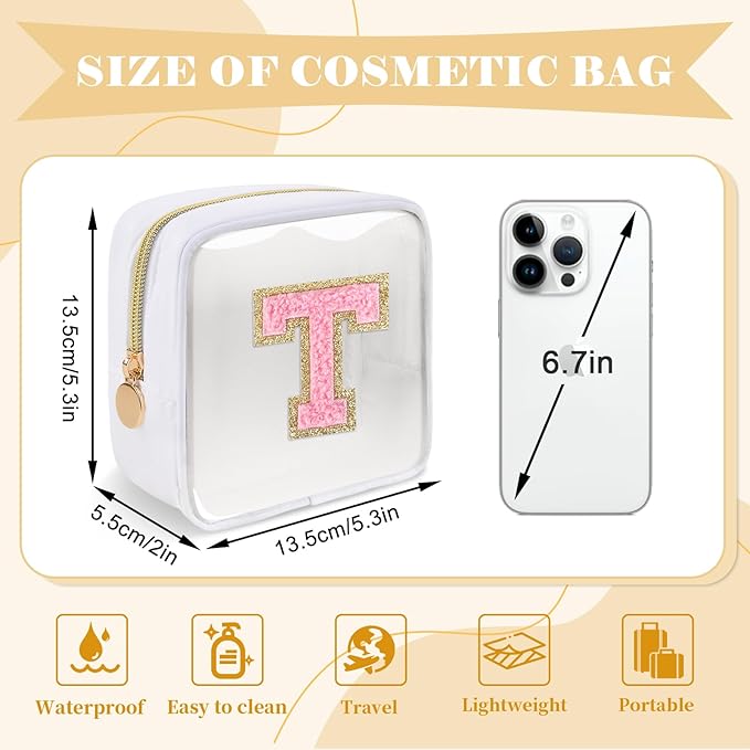 Personalized Initial Letter Clear Preppy Makeup Bag,Mini Nylon Chenille Letter Cosmetic Bag Cute Zipper Pouch Purse for Teen Girls,Portable TSA Approved Beach Travel Essentials Bag Gift for Women,T
