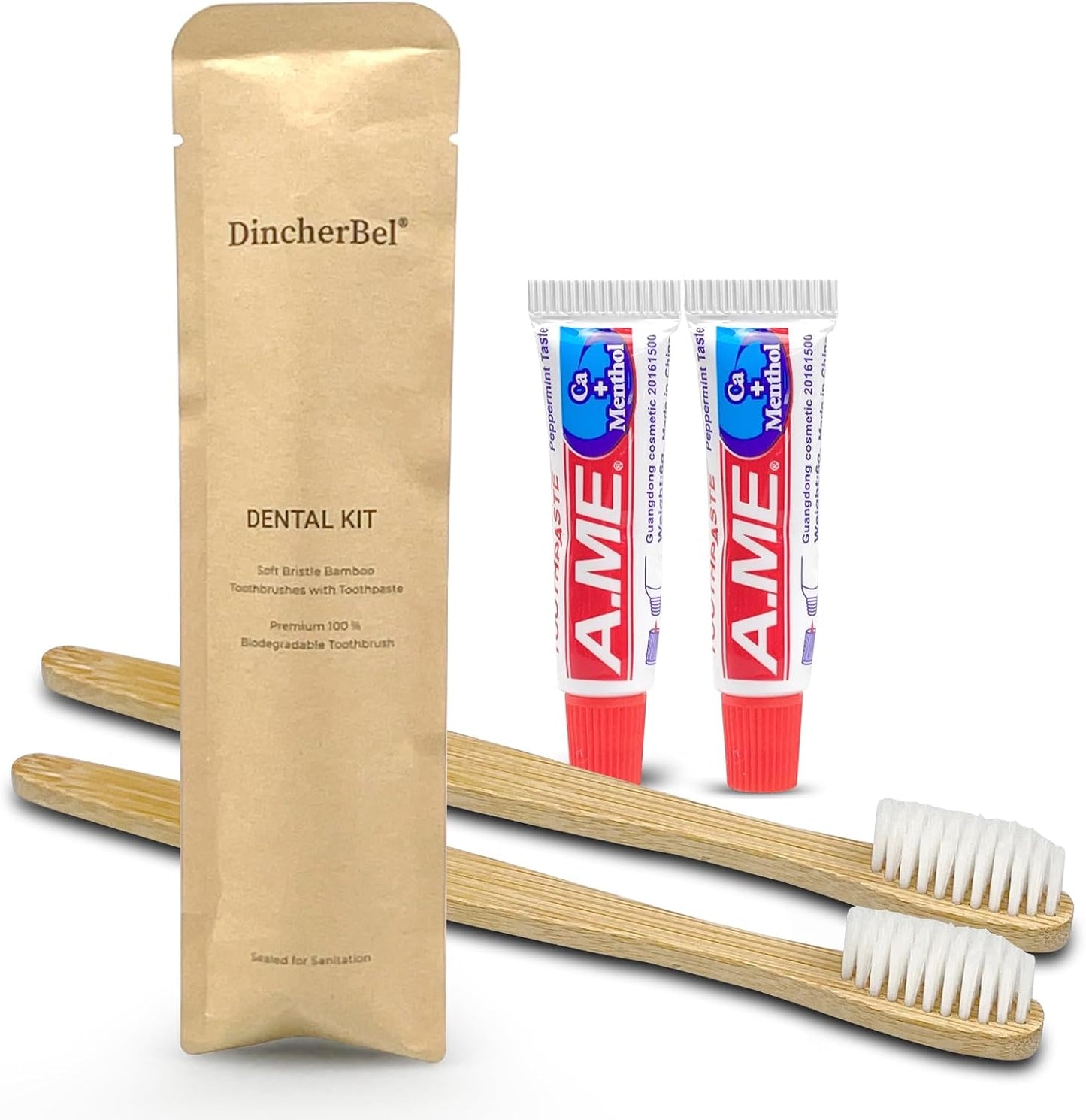 DincherBel Bamboo Toothbrushes Kit Bulk, Disposable Toothbrushes with Toothpaste(6g), Individually Wrapped Toiletries Amenities for Hotel, Airbnb, Homeless, Shelter, Camping and Travel (50 Pack)
