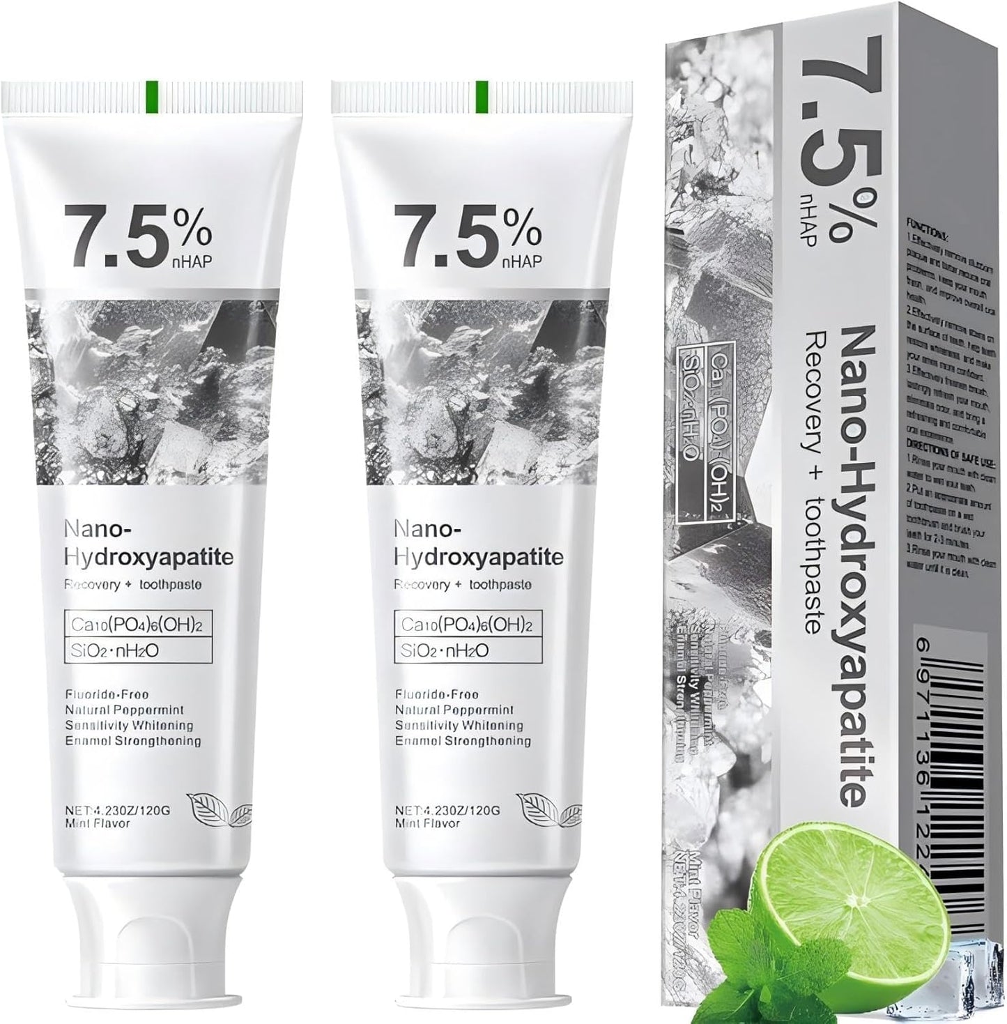 7.5% Hydroxyapatite Toothpaste, Advanced Enamel Protection, Freshening Breath.Deep Cleansing, 7.5% Hydroxyapatite Whitening And Repairing Toothpaste, Fluorine-Free Formula, Containing Mild Mint. (2pc)