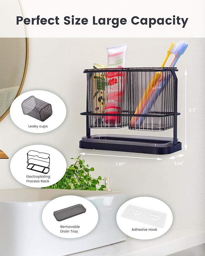 KONE Black Toothbrush Holders for Bathrooms, 2 Cups Toothbrush Holders Wall Mounted, Dry & Wet Separation, Bathroom Organizers and Storage, Bathroom Toothbrush Holder Set for Family Kids