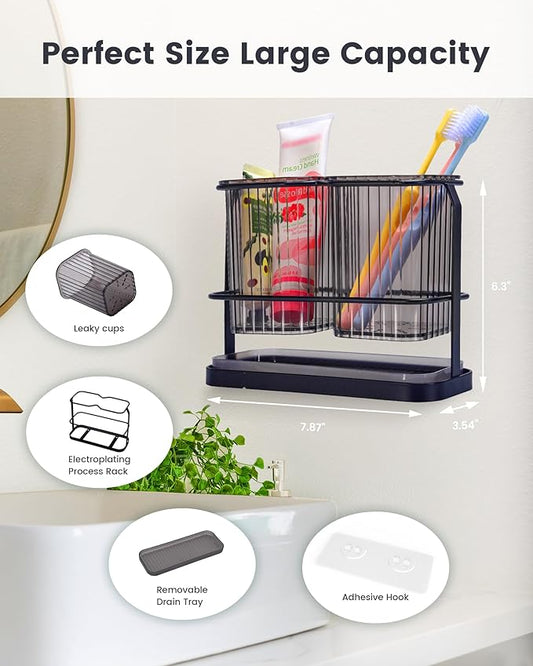 KONE Black Toothbrush Holders for Bathrooms, 2 Cups Toothbrush Holders Wall Mounted, Dry & Wet Separation, Bathroom Organizers and Storage, Bathroom Toothbrush Holder Set for Family Kids