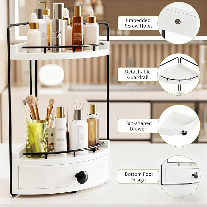 2-Tier Corner Bathroom Counter Organizer with Drawer & Embedded Screw Holes - Wooden Countertop Organizers for Skincare, Makeup Storage, Bathroom Sink Counter Shelf for Vanity, White