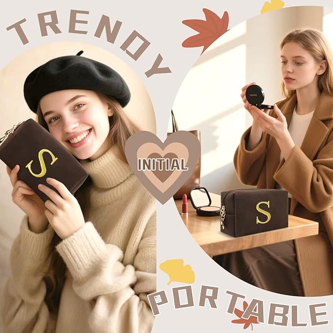 Personalized Initial Makeup Bag,Preppy Suede Cosmetic Bag for Teen Girls,Small Monogram Travel Toiletry Bag With Gold Embroidered Letter,Trendy Stuff Custom Christmas Gift for Women(Coffee-S)