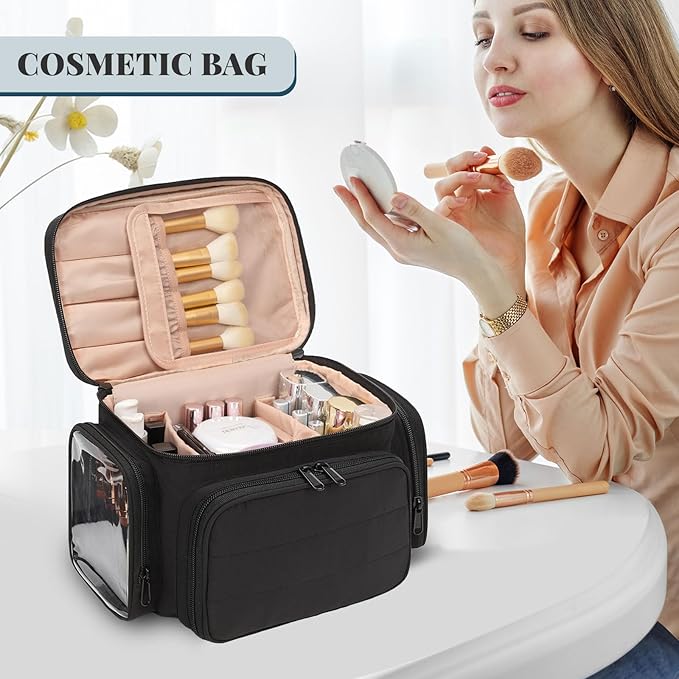 Large Cotton Makeup Bag, Lightweight Travel Makeup Bag Organizer for Women Girls with Makeup Brush Compartment & Two Side Pockets, Cosmetic Travel Bag Vertical Storage- Black01