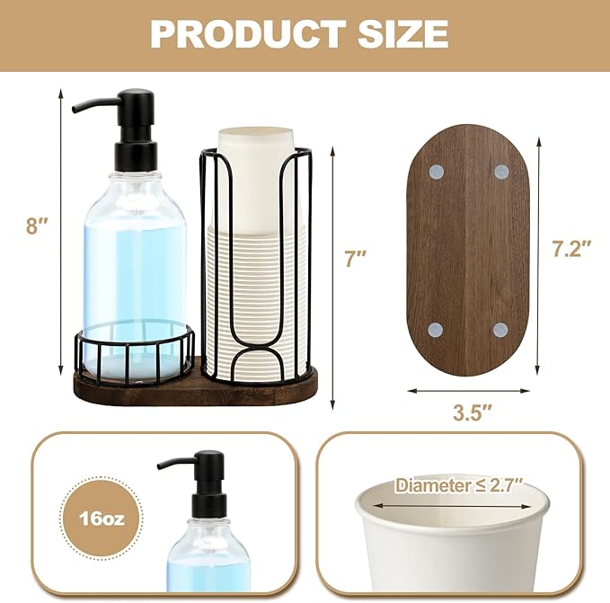 Country-Style Bathroom Cup Holder with 17 oz Reusable Mouthwash Dispenser, 2-Compartment 3oz Disposable Mouthwash Cup Storage Rack, Iron Bathroom Accessories