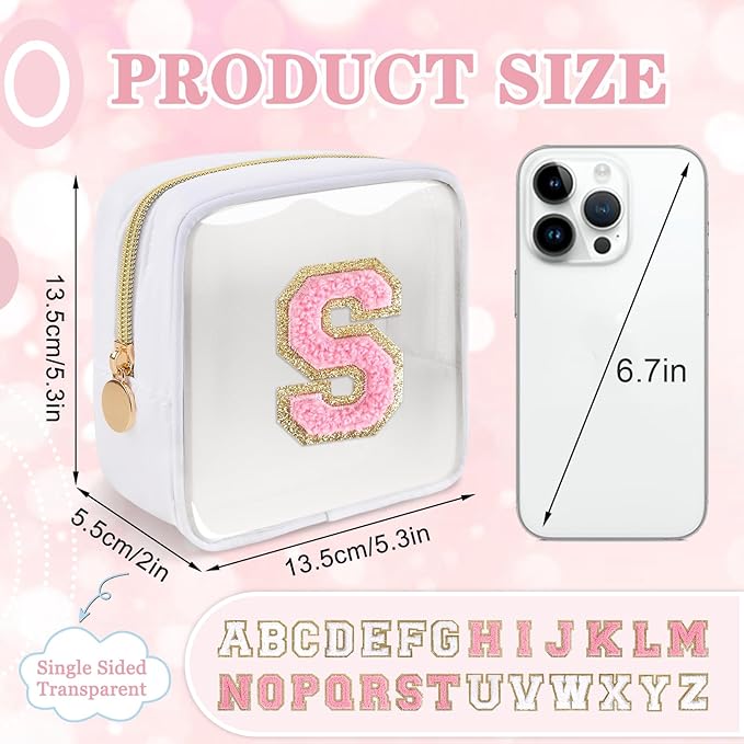Mini Clear Personalized Initial Makeup Bag,Nylon Preppy A-Z Chenille Letter Patch Zipper Cosmetic Bag, Small Cute Beach Pouch Travel Purse Sanitary Napkin Storage Bag for Women Girls(White-Pink S)