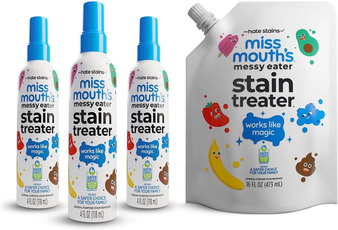 Miss Mouth's Messy Eater Stain Treater Ultimate Refill Bundle with - 4oz 3 Pack Stain Remover and 16oz Refill Pouch