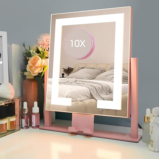 Kottova Vanity Mirror with Lights, Lighted Makeup Mirror, Smart Touch Control, Dimmable 3-Color Lights, Lighted Mirror with Detachable 10X Zoom Mirror, 360° Rotation, Metal Frame（Pink）