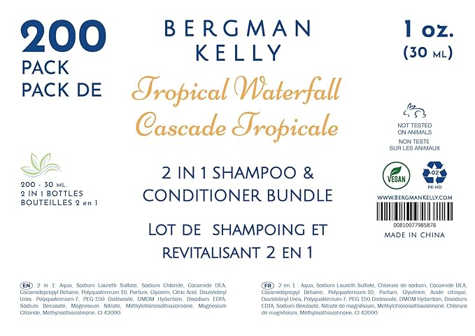 Bergman Kelly - Travel Size 2 in 1 Shampoo & Conditioner - 1 fl oz, 200 PK, Tropical Waterfall - Delight Your Guests w/Invigorating & Refreshing Shampoo Amenities - Small Hotel Toiletries in Bulk