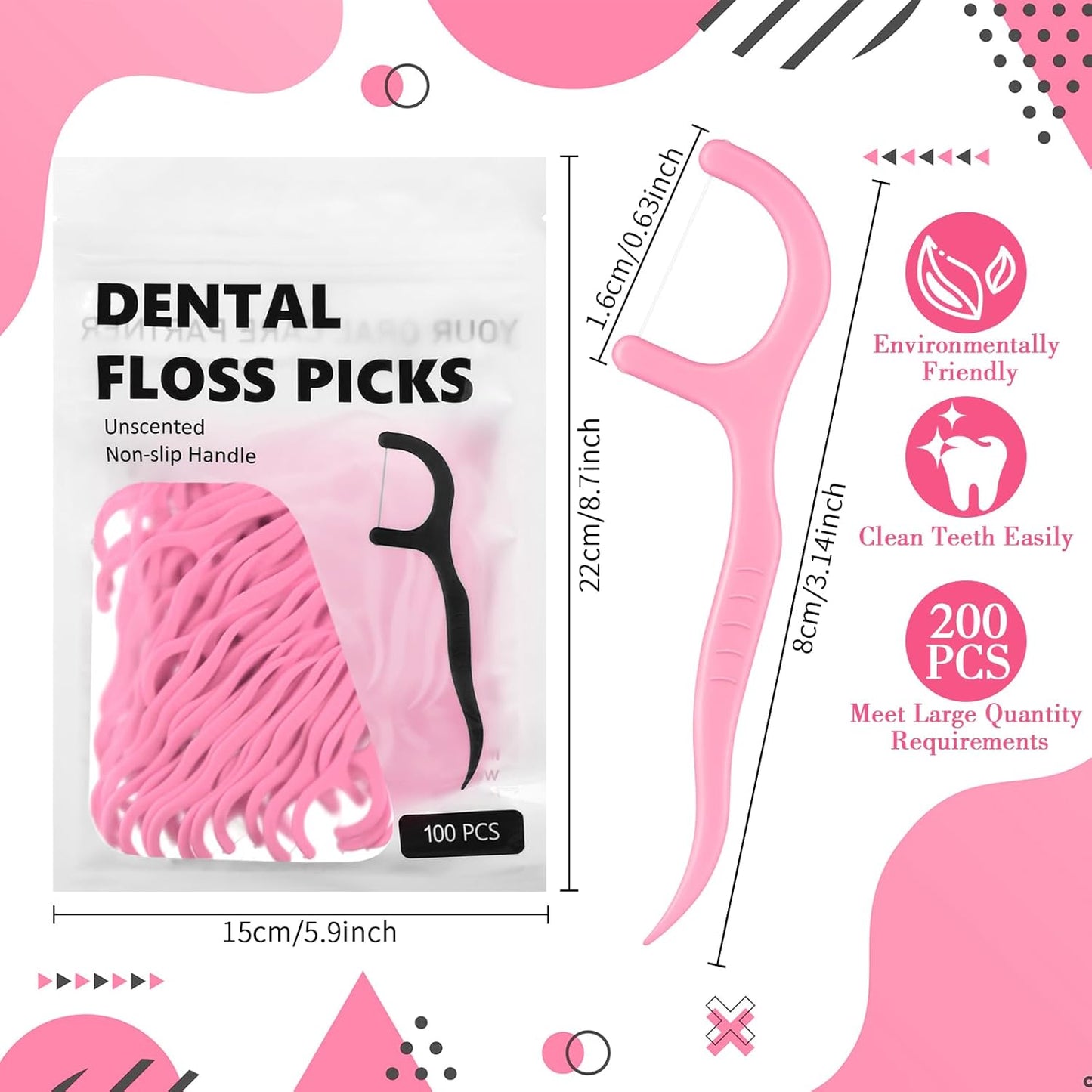 Baderke 200 Count Floss Picks Bulk Non Breakable Tooth Picks Flosser Dental Floss Sticks for Adults Teeth Cleaning Dental Flossers for Family Pack Travel(Pink)