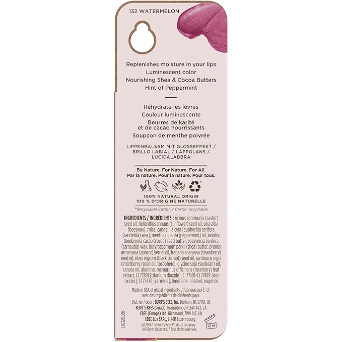 Burt's Bees Shimmer Lip Tint, Tinted Lip Balm Stick, Moisturizing for All Day Hydration with Natural Glowy Pigmented Finish & Buildable Color, Watermelon, 1 Tube, 0.09 oz.