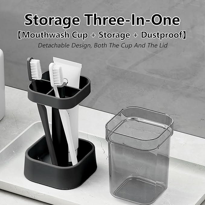 Toothbrush Holder with Cup/Cover, 3 Slots Toothpaste Holder Stand for Bathroom Countertop Plastic Storage Organizer for Toothbrushes, Electric Toothbrushes (Black)