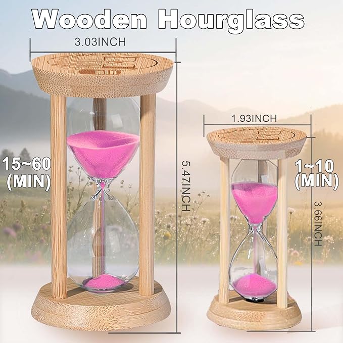 20 Minute Wooden Sand Timers,Large Bamboo Pink Sand Hourglass for Productivity, Meditation & Decor, 20 Min Reloj De Arena Sand Watch for Kitchen, Office, Game, Classroom