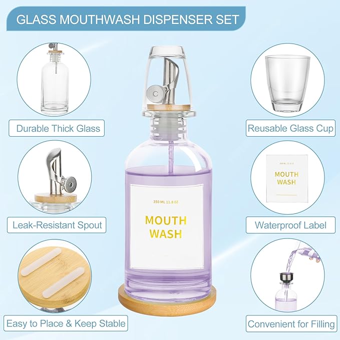 RELBRO Glass Mouthwash Dispenser for Bathroom, 11.8 OZ Refillable Mouthwash Container with Cup, Auto Pour Spout, Bamboo Tray, Funnel, Stickers, Clear, 1 Pcs