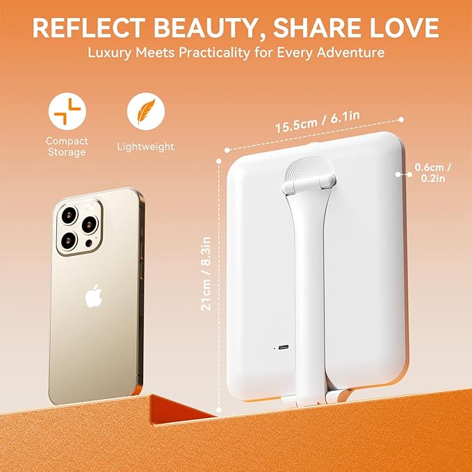 Auxmir Travel Makeup Mirror with Light, Portable Folding Lighted Travel Makeup Mirror with 72 LEDs, Rechargeable Compact Vanity Mirror with 3 Dimmable Color Lights, Adjustable Height and Angle, White