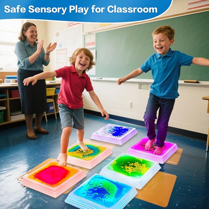 Light Up Sensory Floor Tiles for Kids - 12x12 Inch Liquid Sensory Play Mat with 7 Colors Led Lights, Non-Slip Puzzle Mat for Home and Classroom, Autism Sensory Toys for Toddlers Ages 3-7 (Pack of 6)