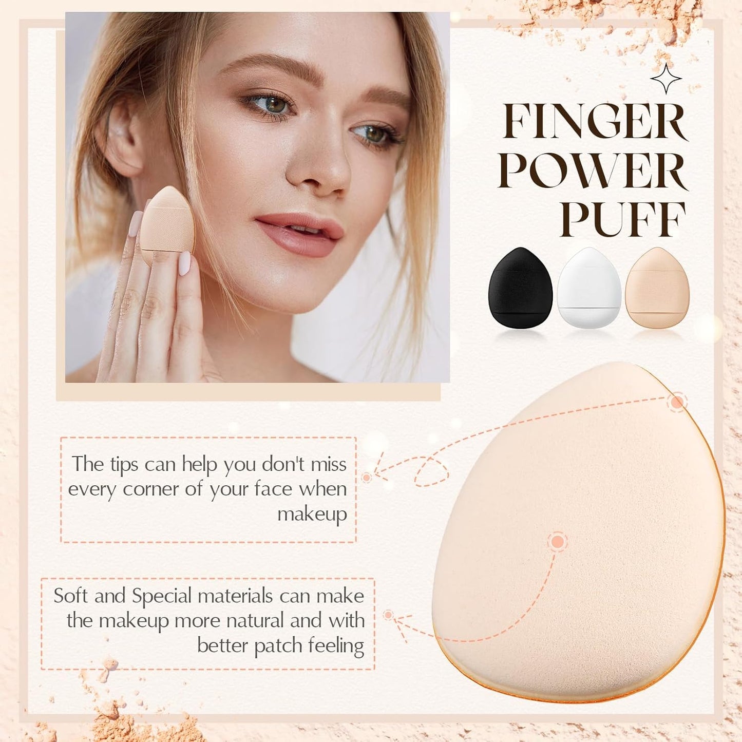 Gerrii 72 Pcs Finger Powder Puff Mini Makeup Sponge Soft Beauty Makeup Blender Puff for Foundation, Face Powder, Under Eye Setting, Concealer, Repair Cream, Cosmetic Tool (Black,White,Skin Color)
