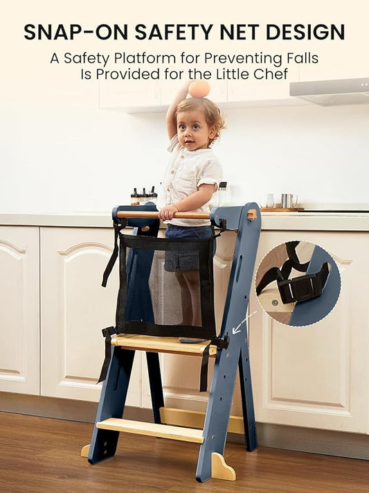 GROWNSY Foldable Step Stool Toddler Tower, Toddler Kitchen Stool Helper, Collapsible Kids Standing Tower with 3 Adjustable Heights and Safety Net for Kitchen Bathroom Sink Counter (Blue Gray)