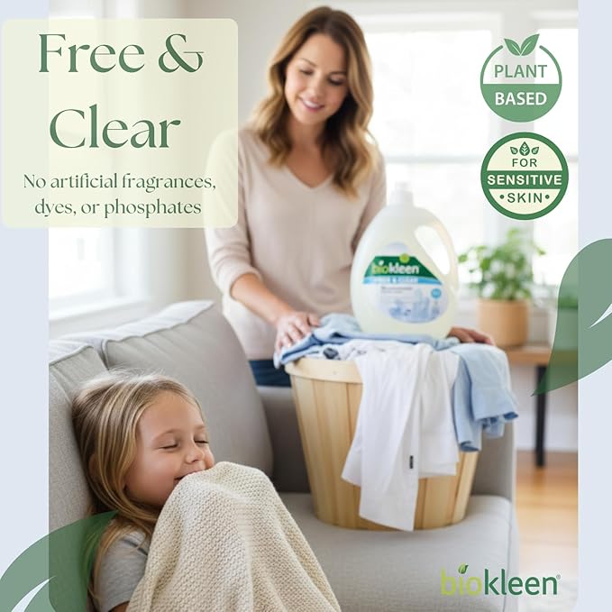 Biokleen Free & Clear Natural 3X Concentrated Liquid Laundry Detergent, 300 Loads, Plant-Based, Hypoallergenic, Removes Stains & Fights Odors, Dye Free, Unscented