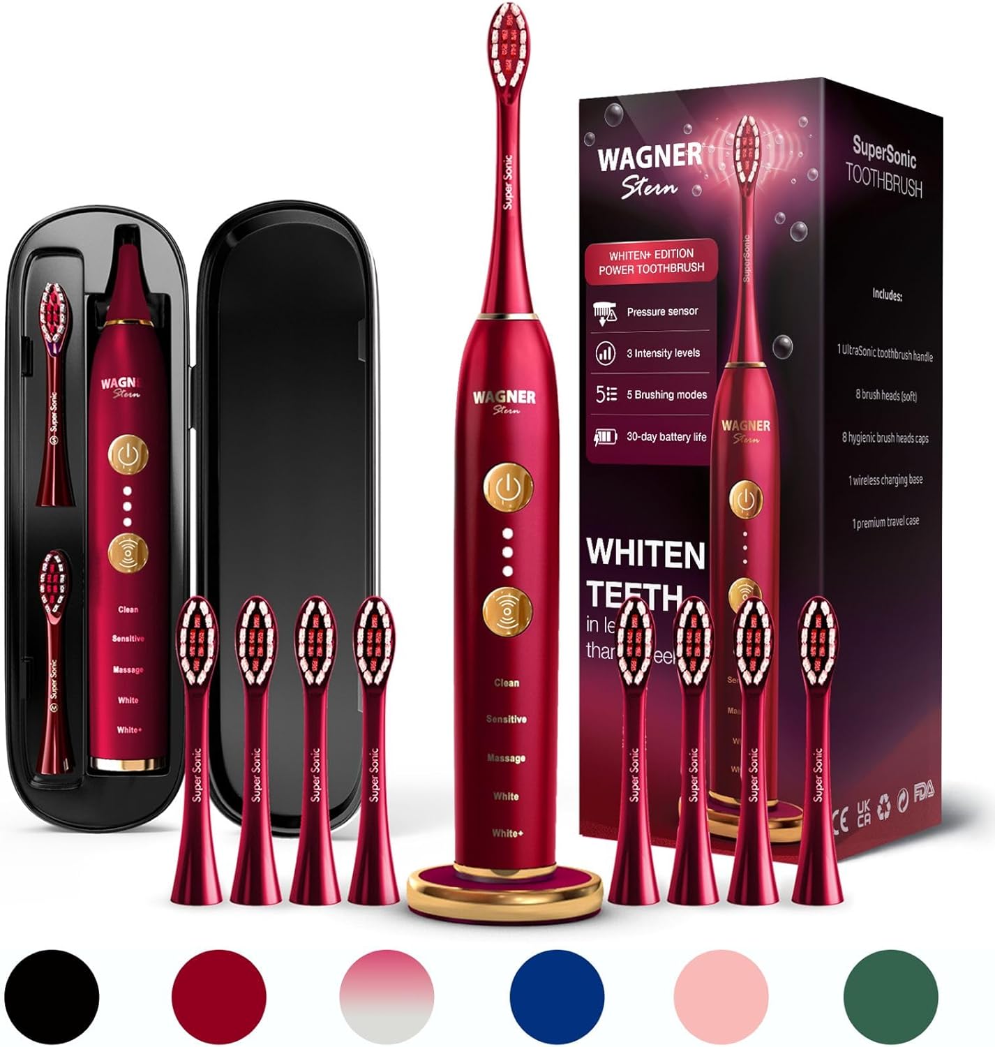 Wagner Stern WHITEN+ Edition. Whitening Electric Toothbrush with Pressure Sensor. Offers 5 Brushing Modes, 3 intensities, 8 Soft Brush Heads, and a Luxury Travel case.
