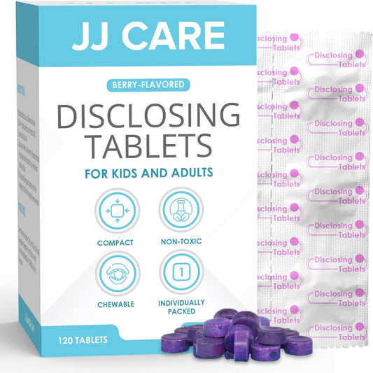 JJ Care Disclosing Tablets for Kids and Adults - 120 Count, Individually Wrapped Plaque Disclosing Tablets for Kids Brushing Teeth, Berry Flavored Plaque Remover, Dental Care for Teeth Brushing