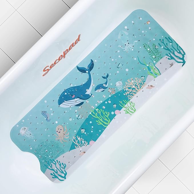Bath Mat for Tub Non Slip, Machine Washable Anti-Slip Cartoon Baby Bathtub Shower Mat with Drain Holes and Suction Cups for Toddler & Kids (40 Inch x 16 Inch-Rectangular, 2-Whales)