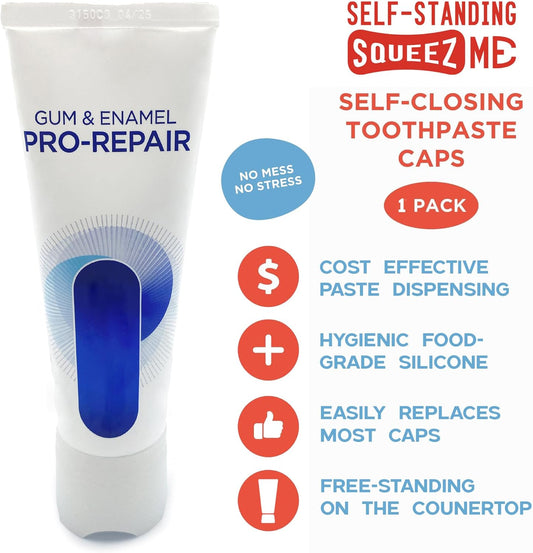 Chrome Cherry SqueezMe Self-Closing Toothpaste Caps, Silicone Lid for Kids & Adults, No Mess Toothpaste Dispenser, Self-Standing Easy Squeezer Cap, Bathroom Accessory, Self-Standing White, Pack of 1