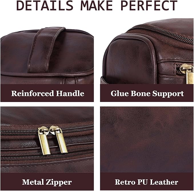 Toiletry Bag for Men, Hanging Travel Shaving Dopp Kit for Men and Women, Water-resistant Toiletries Organizer Bags, PU Leather Cosmetic Bags for Makeup Accessories (Dark Coffee)