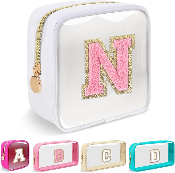 Mini Clear Personalized Initial Makeup Bag,Nylon Preppy A-Z Chenille Letter Patch Zipper Cosmetic Bag, Small Cute Beach Pouch Travel Purse Sanitary Napkin Storage Bag for Women Girls(White-Pink N)