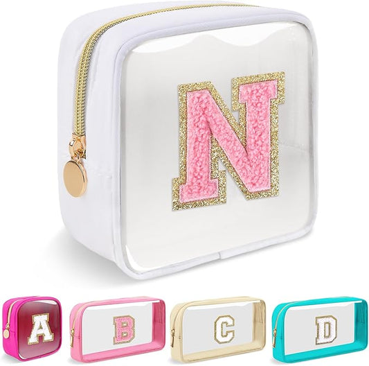 Mini Clear Personalized Initial Makeup Bag,Nylon Preppy A-Z Chenille Letter Patch Zipper Cosmetic Bag, Small Cute Beach Pouch Travel Purse Sanitary Napkin Storage Bag for Women Girls(White-Pink N)