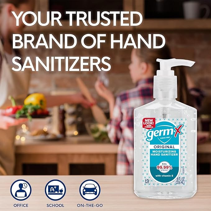 Germ-X Original Hand Sanitizer, 8 Fl Oz (Pack of 12), Less Drying Moisturizing Gel with Vitamin E, No Rinse Formula, Pump Bottle