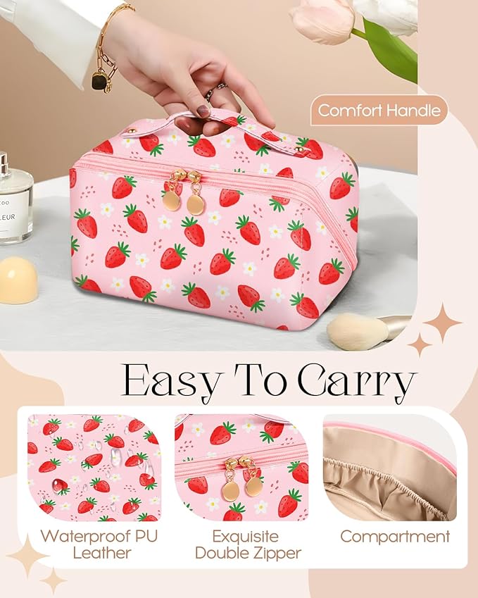Bistup Makeup Bag Travel Cosmetic Bag Toiletry Make Up Bags Cute Women Large Capacity Big Medium Leather Strawberry Portable Teen Girls Teenage Kawaii Foldable Expandable Compact Open Flat Zip