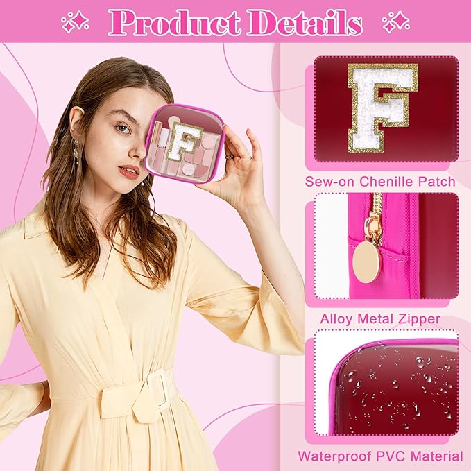 Personalized Initial Letter Clear Preppy Makeup Bag,Mini Nylon Chenille Letter Cosmetic Bag Cute Zipper Pouch Coin Purse for Teen Girls,Portable TSA Approved Travel Essentials Bag Gift for Women,F