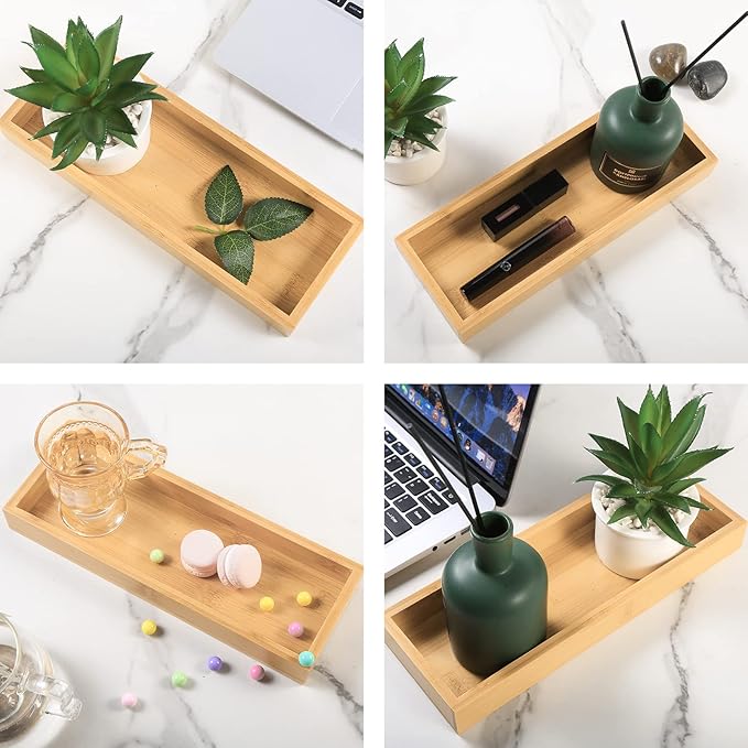 Natural Bamboo Rectangular Vanity Tray, 11.8 x 4.6 x 1.2 inches, Brown, Solid, Rustic, Eco-friendly, Non-slip, Perfect for Perfume, Toiletries, Decorative Items