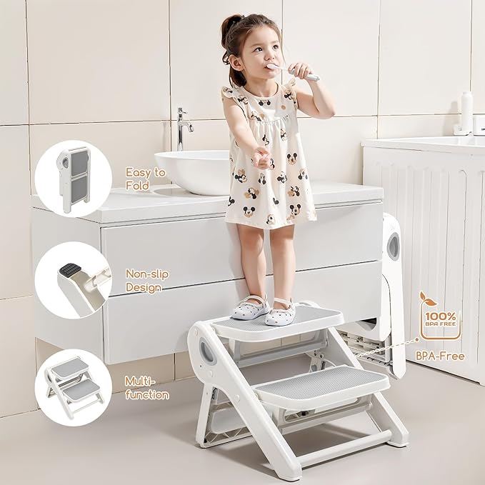 Foldable Toddler Step Stool for Bathroom Sink - 2-Step Kids Stool for Potty Training, Kitchen Counter & Bedroom, Sturdy Non-Slip Child Safety Stool Helper