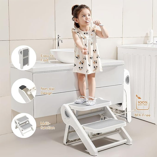 Foldable Toddler Step Stool for Bathroom Sink - 2-Step Kids Stool for Potty Training, Kitchen Counter & Bedroom, Sturdy Non-Slip Child Safety Stool Helper
