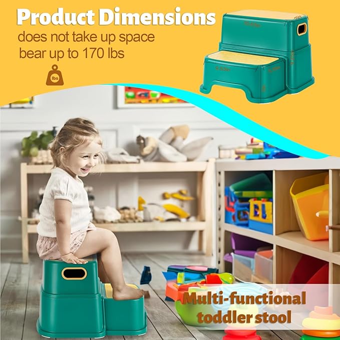 WELSPO 2 Step Stool for Kids, Toddler Step Stool for Bathroom, Kitchen, Bedroom, Living Room, Non-Slip Toddlers Toilet Potty Stool with Handles Baby Child Kid Plastic Poop Stools(Yellow Green)