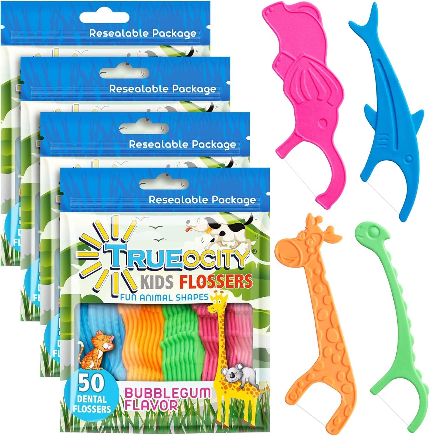 Kids Flossers 4 Pack (200 Count) – Fun Animal-Shaped Floss Picks for Kids, Bubble Gum Flavor, Easy Glide Between Teeth, Helps Prevent Tooth Decay & Gum Disease