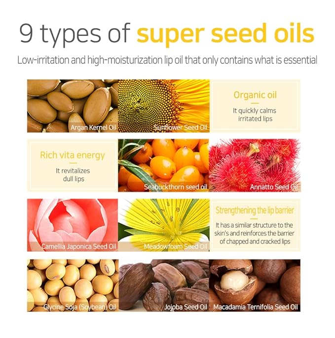 Lip Oil Super Seed | 0.10 Oz | Glass Lip, Healthy Lip Care, Moisturizing Lip Oil with Honey, Propolis, Herbal Oil, Glowy, Revitalizing, Calming Lip, Non-sticky, Non-artificial Colors