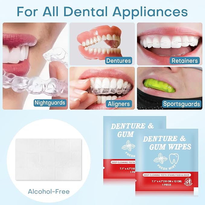 Denture Cleaner Wipes Disposable Teeth Gum Retainer Wipe Oral Care, Tooth Gums Cleaning Dental Dentures Tablets, Denture Adhesive Food Debris Braces Stain Odor Remover for Adults Elderly Mint 100 Pcs