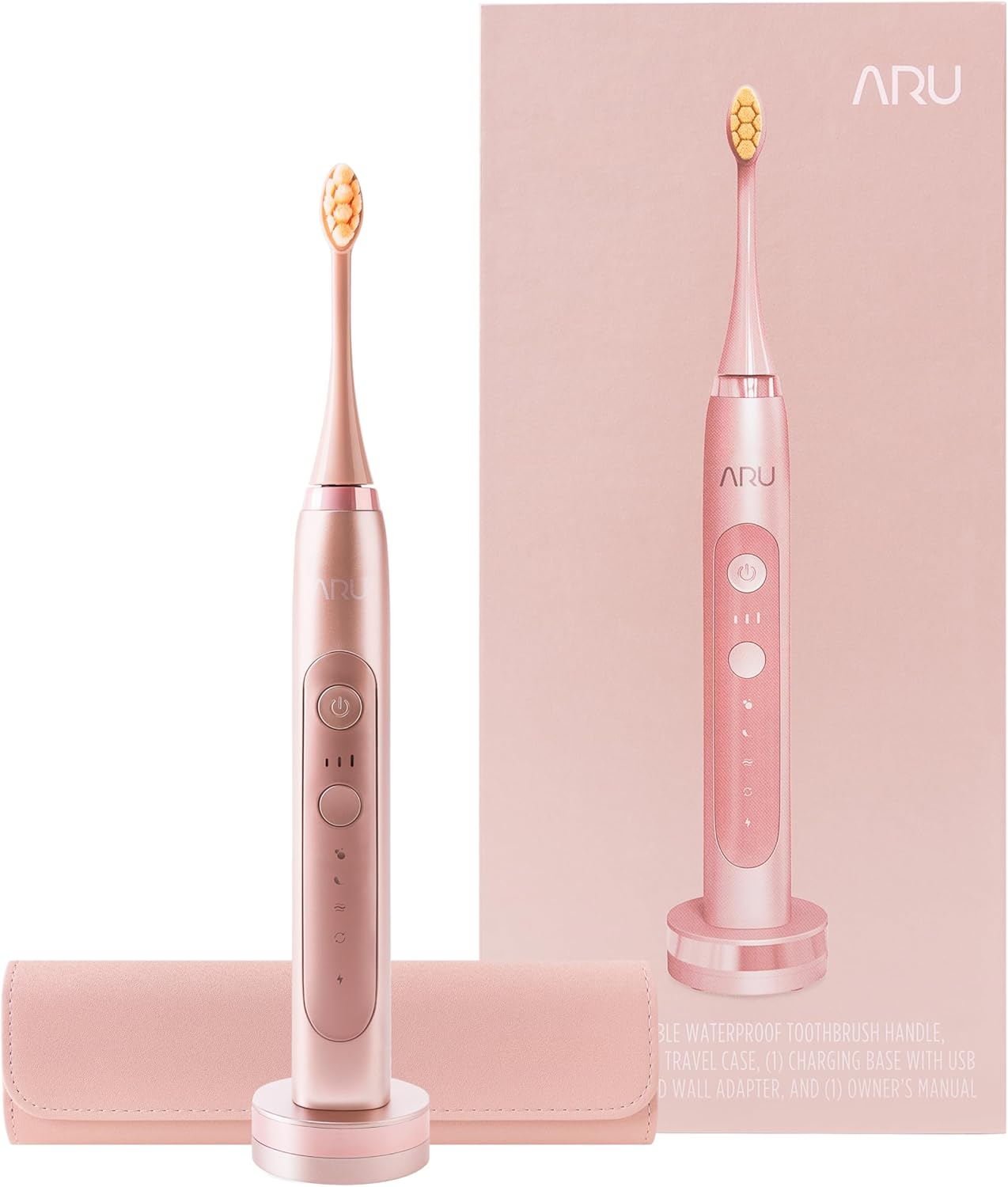 ARU Sonic Toothbrush Starter Kit with Customizable Modes and 2 Minute Timer, ADA-Approved Electric Toothbrush for Adults, Soft Toothbrush for Gums, 45+ Days Battery, Travel Case, Rose Pink
