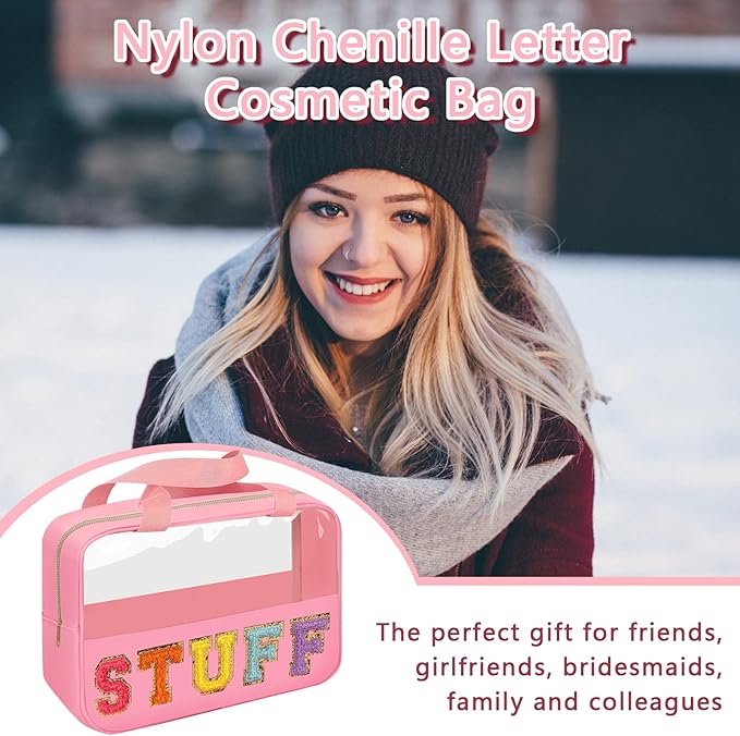 Iqimott Chenille Letter Patch Stuff Bag, Preppy Clear Makeup Cosmetic Bag Large Toiletry Storage Tote Bag with Handle, Transparent Nylon Waterproof Organizer Zipper Pouch for Travel Women Girls(Pink)