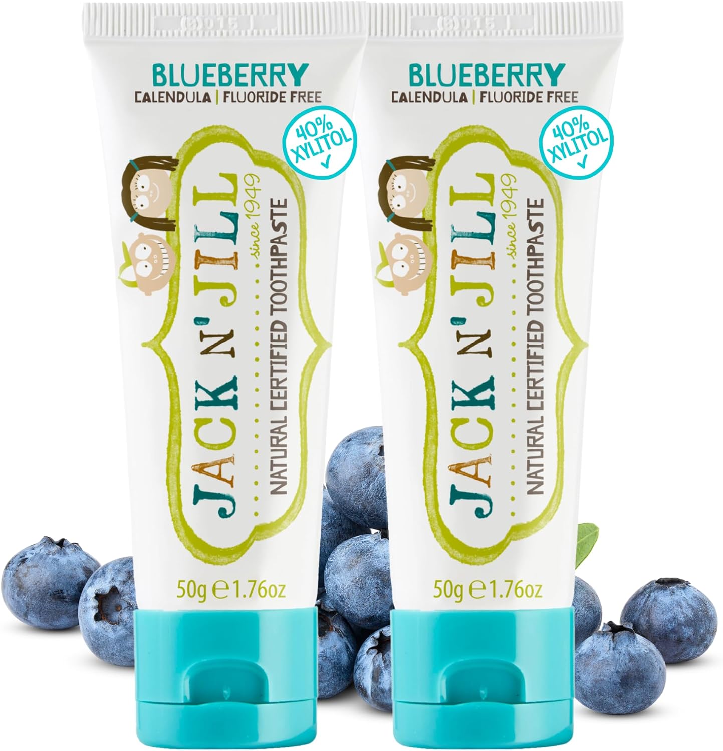 Jack N' Jill Natural Toothpaste for Baby and Infants - Fluoride Free Training Toothpaste, 40% Xylitol, BPA Free - Blueberry, 1.76 oz (Pack of 2)