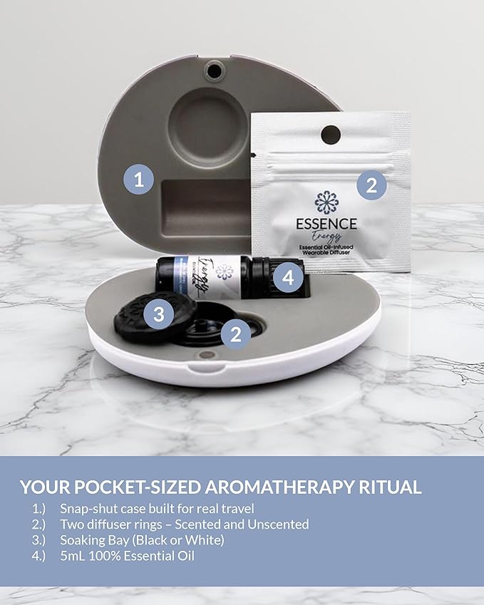 Essence Pearl Travel Case - Wearable Aromatherapy Kit with Nasal Diffuser Rings, Soaking Bay, and 5mL Essential Oil – Portable Wellness Gift Set for On?The?Go Self Care