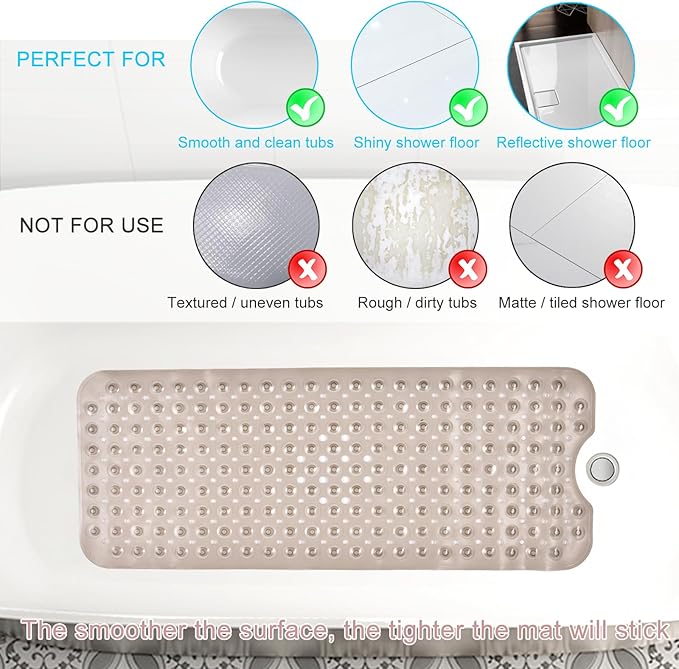 Sheepping Baby Bath Mat Non Slip Extra Long Bathtub Mat for Kids 40 X 16 Inch - Eco Friendly Bath Tub Mat with 200 Big Suction Cups,Machine Washable Shower Mat (Translucent Grey)