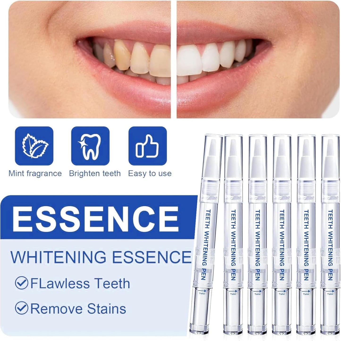 Teeth Whitening Pen - (6 Pack) Professionally Stain Removal Teeth Whitening Gel Formula,No Sensitivity, Enamel Safe, Travel-Friendly Teeth Whitening Gel Pen, Gentle Formula （Transparent）